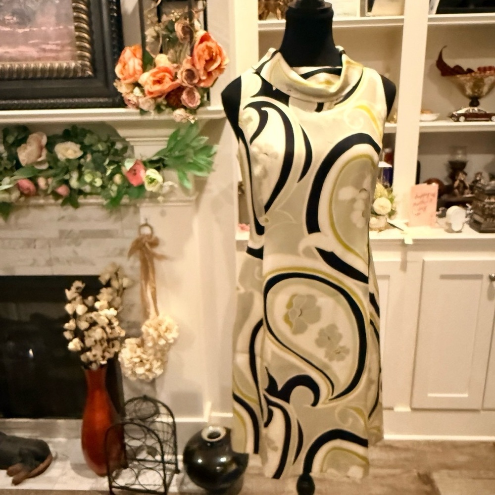 Banana Republic Cream Midi Dress with Black & Olive Swirl Print